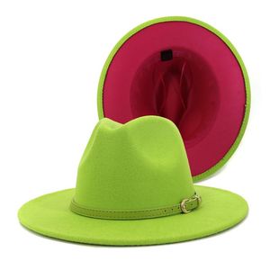 Hoge kwaliteit patchwork Outer Lime Green Inner Rose Red Wool Vilt Hoed met riemgesp Hats Fedora voor vrouwen brede rand