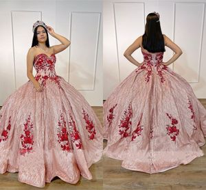 Paillettes Paillettes Tulle Rose Rose Bal Quinceanera Robes Rouge Floral Applique Perles Bretelles Corset Dos Princesse Douce 16 Robe Communion Party