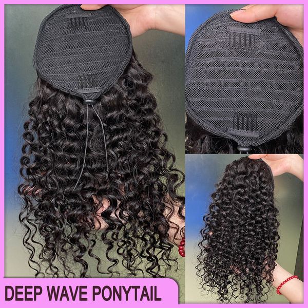 Haute qualité péruvienne malaisienne indien cheveux naturel noir vague profonde queue de cheval Extensions de cheveux 100% cru vierge Remy cheveux humains