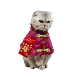Costume Tang chinois pour chat de compagnie de haute qualité, vêtements de nouvel an avec poche rouge, cape de fête, tenues chaudes d'automne et d'hiver pour chats et chiens278G