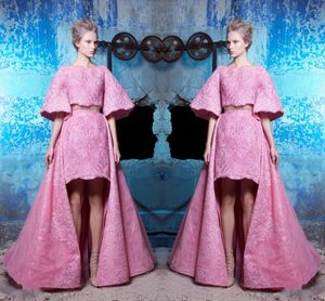 Hoge kwaliteit roze twee stukken prom jurken 2017 kant trompet mouw hoge lage avondjurken Saoedi-Arabische formele slijtage runway mode jurken