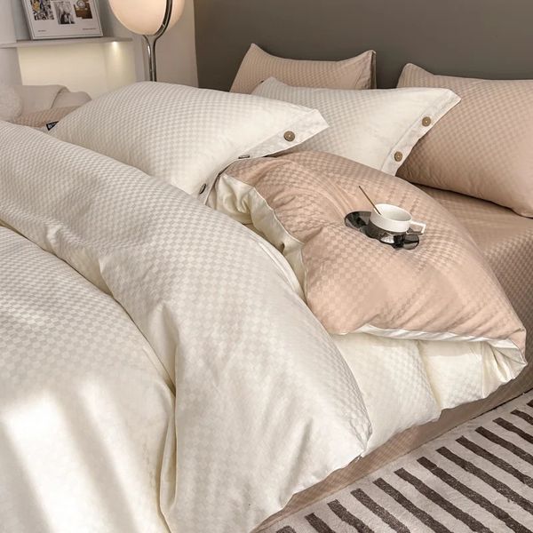 Ensemble de literie Jacquard à carreaux de haute qualité, 100% coton, housse de couette King Size avec draps, ensembles respectueux de la peau, 240226