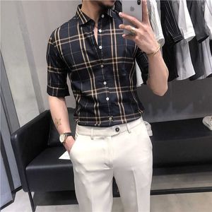 High Quality Plaid Shirt Men Summer Half Sleeve Slim Fit Business Formal Dress Shirts Social Party Casual Male Clothing Camisas 210527