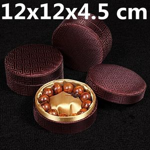 Boîte de tissu de soie chinoise de luxe ronde plaine Bracelet bijoux boîte-cadeau hommes artisanat boîte de rangement emballage 11x11x4.5 cm