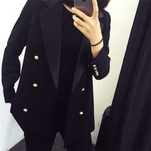 Costume de haute qualité pour femmes professionnelles grande taille Casual tempérament à double boutonnage noir dames veste Blazer de bureau à la mode LJ201021