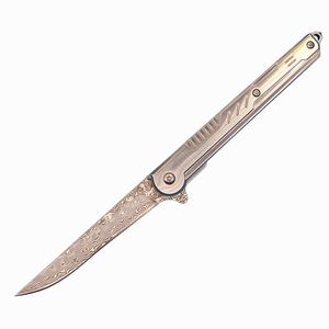 Couteau pliant de haute qualité R8302 Flipper VG10 Damascus Steel Drop Point Blade Poignée en acier inoxydable Roulement à billes EDC Couteaux de poche avec sac en nylon