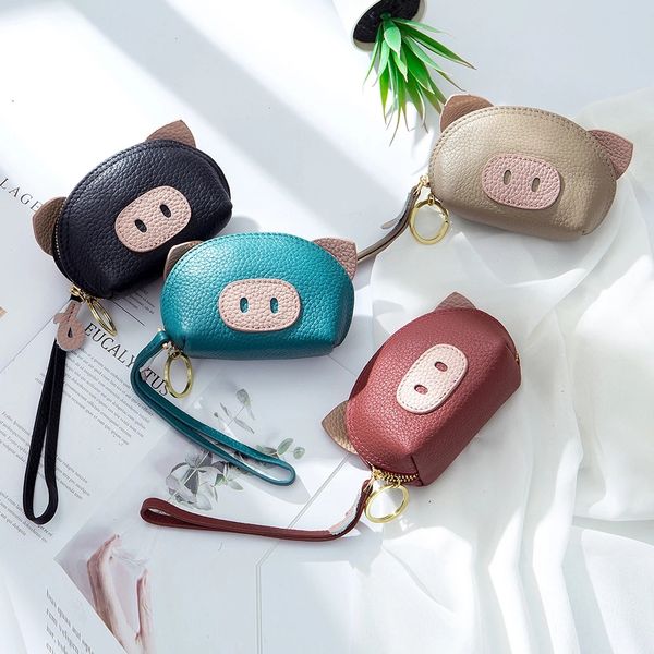 Haute qualité véritable peau de vache porte-monnaie femmes Mini sac à main en cuir véritable portefeuille porte-clés dessin animé mignon cochon femme carte de crédit sac