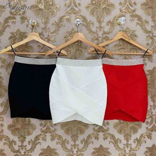 Haute Qualité Rouge Noir Blanc Or Argent Taille Rayonne Mini Bandage Jupe Night Club Party 210525