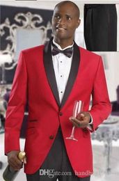 Hoge Kwaliteit Rode Sjaal Revers Bruidegom Tuxedos Slanke Passen Man Werkpak Prom Dress Party Suits (jas + Broek + Tie) H: 860