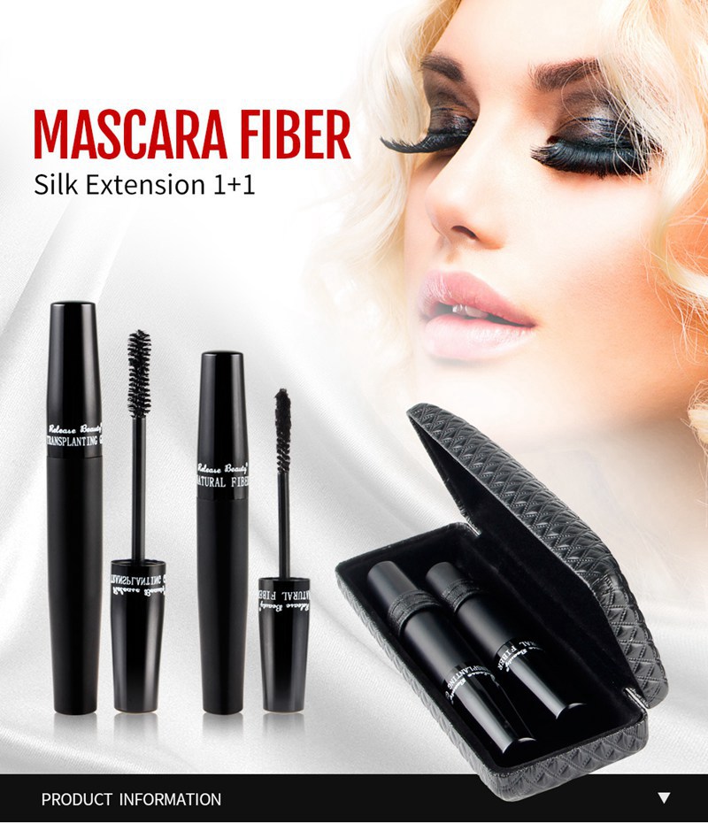 mascara Release Beauty 3D de haute qualité, kit de mascara pour cils avec tube foncé, combinaison de fibres de mascara épaisses avec emballage de vente au détail.