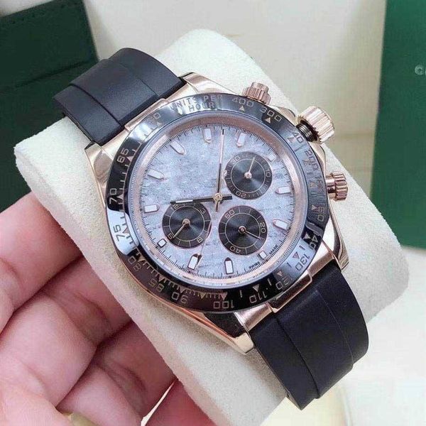 Reloj para hombre de moda de oro rosa de alta calidad Cara de meteorito Correa de caucho Zafiro Relojes mecánicos de barrido automático Pulsera de acero inoxidable