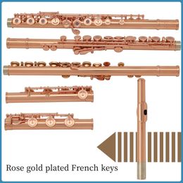 Hoogwaardige rosévergulde fluit Franse 17-toets open gat b-voetfluit met doos