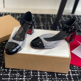 Sandalias de tacón alto con punta redonda de alta calidad, zapatos de mujer con diamantes de cuero real de lujo de diseñador, tacón bajo de cuero con sandalias con correa trasera, zapatos individuales con caja