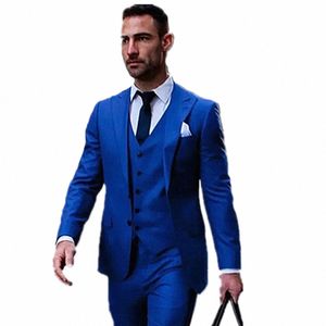 Haute qualité Royal Blue Men Costume Groom Tuxedos Peak Revers Groomsmen Hommes Mariage / Bal / Dîner Meilleur Homme Blazer Veste + Pantalon + Gilet p8dF #