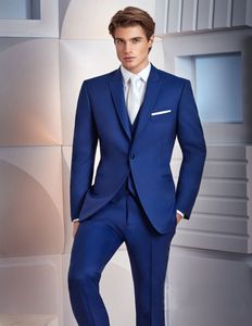 Hoge kwaliteit Royal Blue Tuxedos Slim Fit Mens Bruiloft Past Eén Knop Bruidegom Dragen Drie Stuks Goedkope Formele Pak (Jas + Pants + Vest + Strikje)