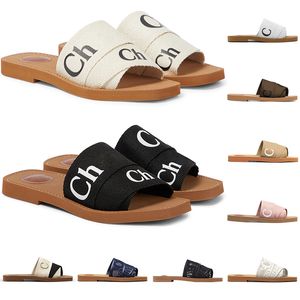 Designer Woody Slippers voor vrouwen muilezels platglijbanen licht tan beige wit zwart roze kanten letters stof canvas sandalen dames meisjes zomer buiten schoenen