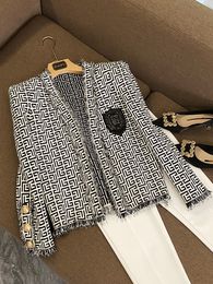 W102 hoge kwaliteit Runway banket Bruiloft Cocktail Party Homecoming Kralen Badge Vest Top Tweed Dames Geur Jas Vrouwen