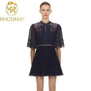 Hoge kwaliteit Runway Self-Portret Zomer Navy Blauwe Kant Jurk Dames O Hals Patchwork Geplooid Half Mouw Party 210506