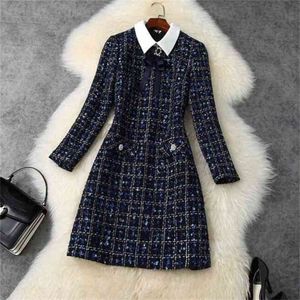 Hoge Kwaliteit Runway Vrouw Kleding Elegante Diamanten Boog Lange Mouw Casual Slanke Plaid Retro Tweed Wollen Jurk Vestidos 210519