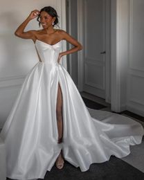 Robe de mariée en satin de haute qualité 2024 chérie haute fente boutons dos une ligne tribunal train princesse Dubaï robes de mariée robe de novia
