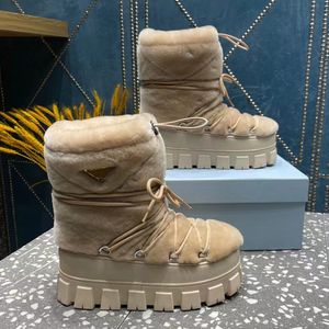 Hoge kwaliteit enkellaarzen van schapenvacht Laars met dikke bodem Ronde neus Veterschoenen Ski Sneeuwlaarzen Dames buitenschoenen Luxe designer Fabrieksschoeisel met platte bodem