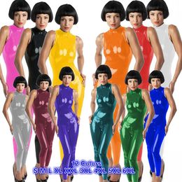 Hoge Kwaliteit Glanzende Dans Catsuit Rits Terug PVC Jumpsuit Vrouwen Mouwloze Hoge Hals Bodysuit Halloween Catwoman Cosplay Costume220Z