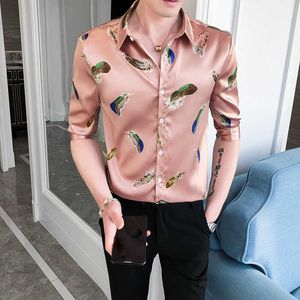 Hoge kwaliteit Zijde Heren Shirt Casual Business Slanke Jurk Shirts Streetwear Social Blouse Night Club Party Tuxedo Kleding Camisa 210527