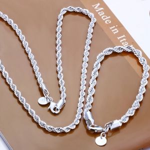 Silverkleur van hoge kwaliteit 4 mm vrouwen heren ketting mannelijke gedraaide touw ketting armbanden mode zilveren sieraden set