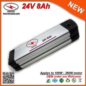 Hoge kwaliteit zilveren vis aluminium li ion 24V 8AH ebike batterij pack met 18650 cel lithium batterij 15A BMS 2A-oplader