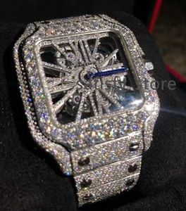 Skelet -wijzerplaat van hoge kwaliteit VVS Moissanite roestvrijstalen horloge buste naar beneden Iced Out Bling Blink Personalised Watch