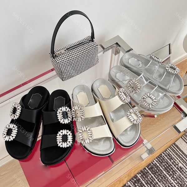 Zapatillas casuales diseñadores sandalias toboganadas zapatos clásicos de sándalo de diez rianas de cristal para mujeres hebillas de taladro de cuero sin esfuerzo