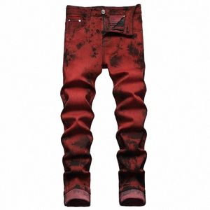 Jeans Slim Fit de haute qualité pour hommes Tie-Dye Snow W Brick Red Denim Pantalon droit Streetwear Fi Pantalon décontracté M4aN #