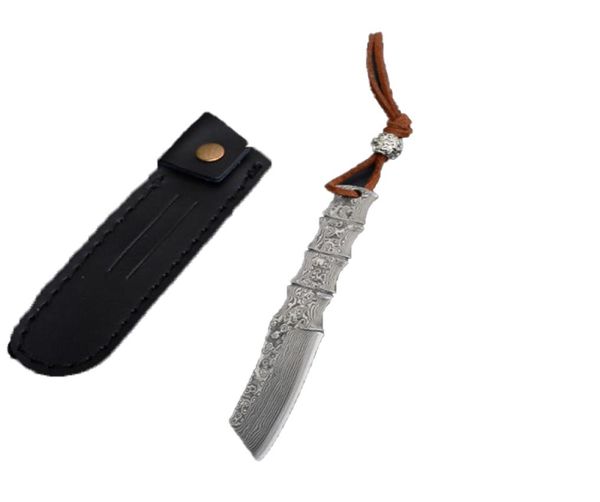 Small de haute qualité Damas Fixed Blade Couteau VG10 Damas Damas Steel Tanto Point Plats Full Tang Bamboo Poignée avec gaine en cuir7451584