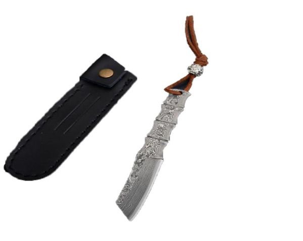Cuchillo de cuchilla fijo de Damasco de alta calidad VG10 Damasco Acero Tanto Point Point Blades Tang Bamboo Many con vaina de cuero7138366