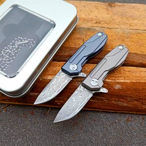 Hoge Kwaliteit Kleine Damascus Flipper Vouwmes VG10 Damascus Staal Drop Point Blade TC4 Titanium Legering Handvat Kogellager mes