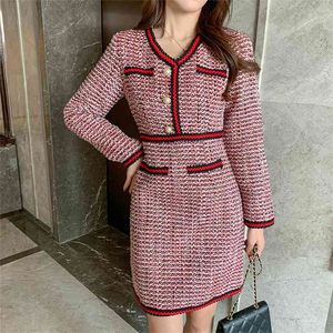 Hoge kwaliteit kleine geur Franse partij mini jurk voor vrouwen lente vintage rpbe femme koreaanse elegante tweed wollen 210514