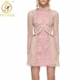 Hohe Qualität Frühling Herbst Runway Kleid Langarm Nette Rosa Stickerei Frauen Patchwork Spitze Kleider 210520