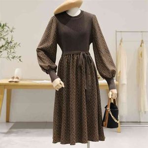 Hoge Kwaliteit Lente Herfst Vrouwen Jurken Gebreide Patchwork Corduroy Bloemen Elegant Vintage Dame Party Lange Robe 210514