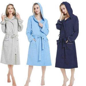 Hoge kwaliteit lente herfst vrouwen gewaden plus size eenvoudige gebreide katoenen hooded badjas vrouwelijke dunne lange mouw badjas 5XL 210924