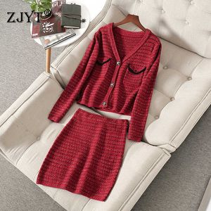Traje de dos piezas de pasarela de moda de primavera de alta calidad para mujer suéter de punto y traje de falda Office Lady Red Party Twinset 210601