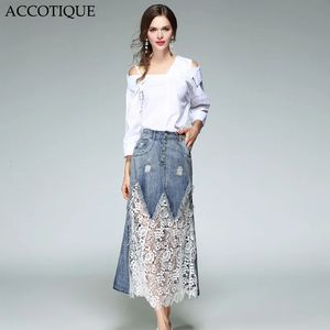 Hoge Kwaliteit Lente Damesmode Off Schouder Wit Shirt Gat Hol Kant Denim Rok 2 Stuks Sets Conjunto Feminino 240325