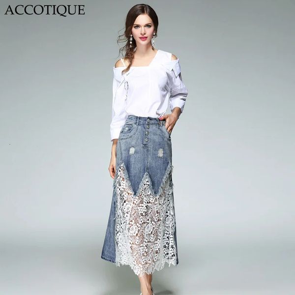 Haute qualité printemps femmes mode hors épaule chemise blanche trou évider dentelle Denim jupe 2 pièces ensembles Conjunto Feminino 240325