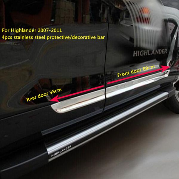 Garniture de protection de porte latérale de surface de voiture en acier inoxydable de haute qualité 4 pièces, autocollant décoratif de porte, barre de protection pour Toyota Highlander 2007-2011