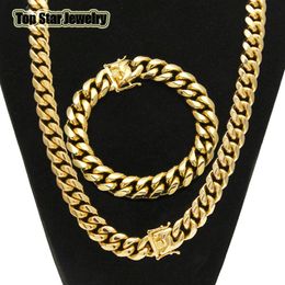 Conjuntos de joyas de acero inoxidable de alta calidad Chapado en oro de 18 quilates Broche de cierre de dragón Pulseras de collar de eslabones cubanos para hombre Cadena de bordillo 1,4 cm de ancho