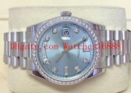 Montres-bracelets pour hommes en acier inoxydable de haute qualité Day-Date 118346 Platinum Ice Blue Diamond Bezel Machines automatiques Montre pour hommes