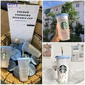 Hoge kwaliteit Starbucks Tumbler Color Changing Confetti Herbruikbare Plastic Tuimelaar met deksel en stro Koude cup, fl oz, of nieuw