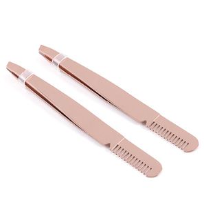 Hoogwaardige stalen schuine punt wenkbrauw pincet met wenkbrauwkam Rose Gold Face Hair Removal Clip Brow Trimmer Makeup Tool Accepteer LO9902221