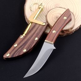 Cuchillo recto de alta calidad, pequeño cuchillo de hoja fija, hoja 5CR13Mov, mango de madera, supervivencia al aire libre, cuchillo de caza recto, funda de madera