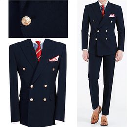 Hoge kwaliteit pakken voor mannen marineblauw mode revers dubbele rij knopen mannelijk pak slim fit formeel casual bruiloft smoking 2-delig 240125