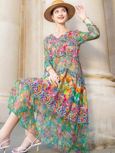 Hoge kwaliteit zomer 2022 strand boho vintage print zijde v-hals jurk elegante feestjurk designer vestidos losse midi-jurken